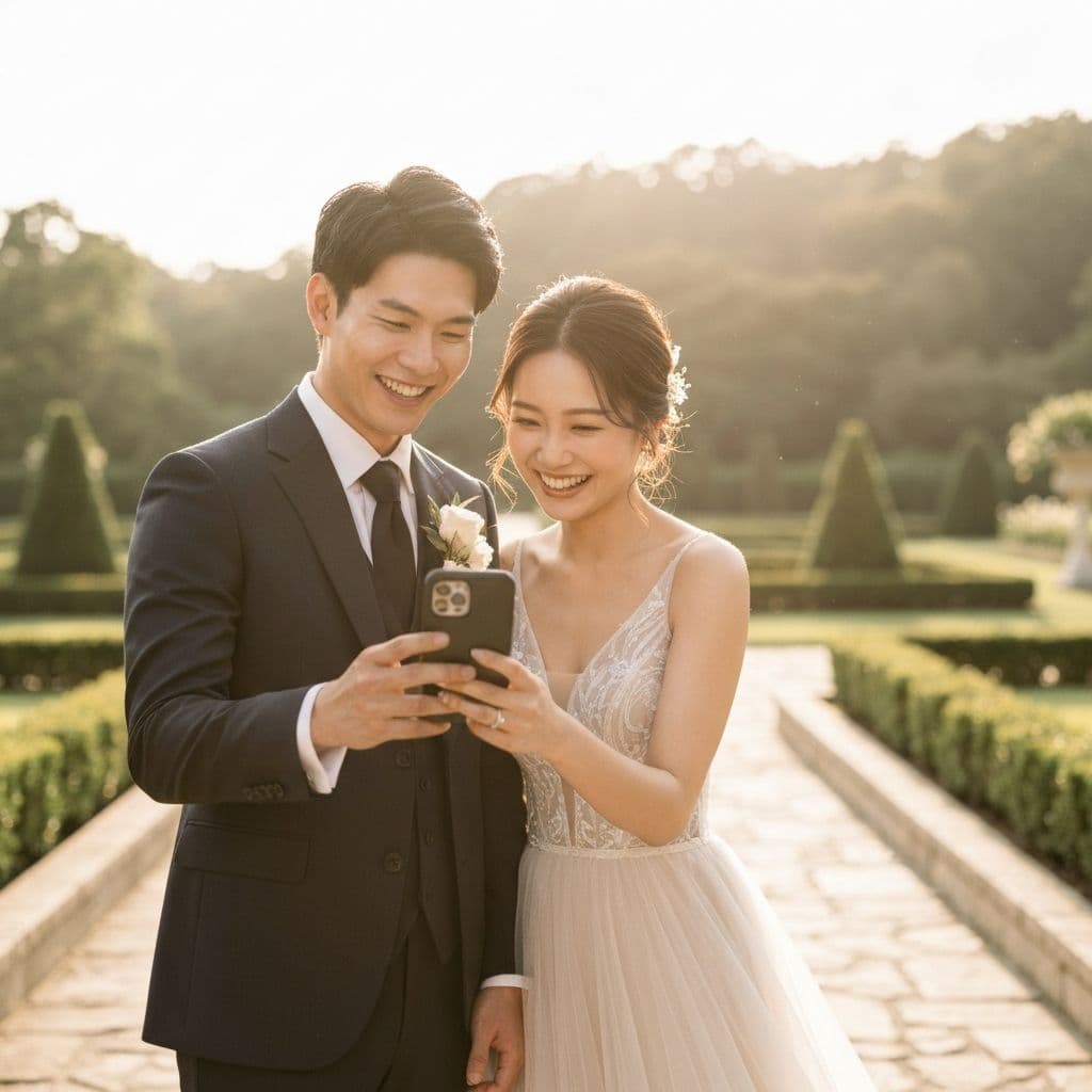 La coppia guarda l’invito di matrimonio sul telefono